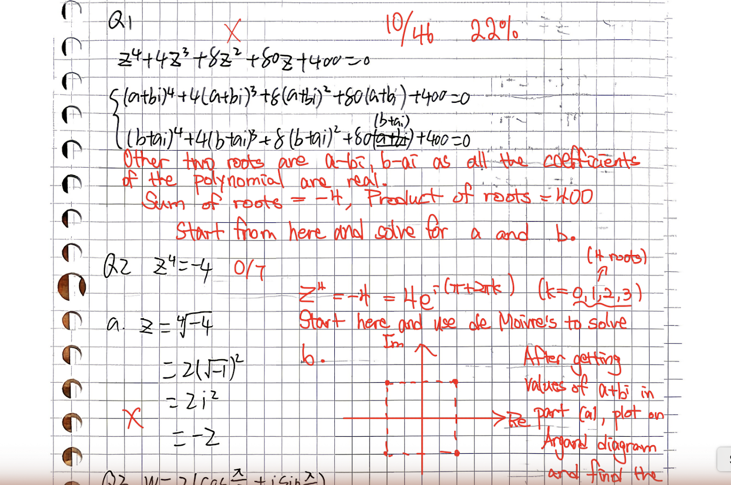 設問ごとの得点と手書きのフィードバックが入ったIB数学AA HL複素数の模試添削(10/46)