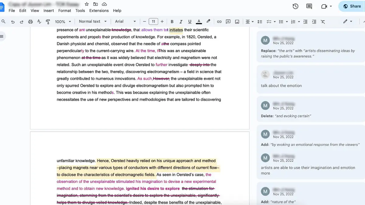初稿へのフィードバック例:Google Docsの添削とコメント